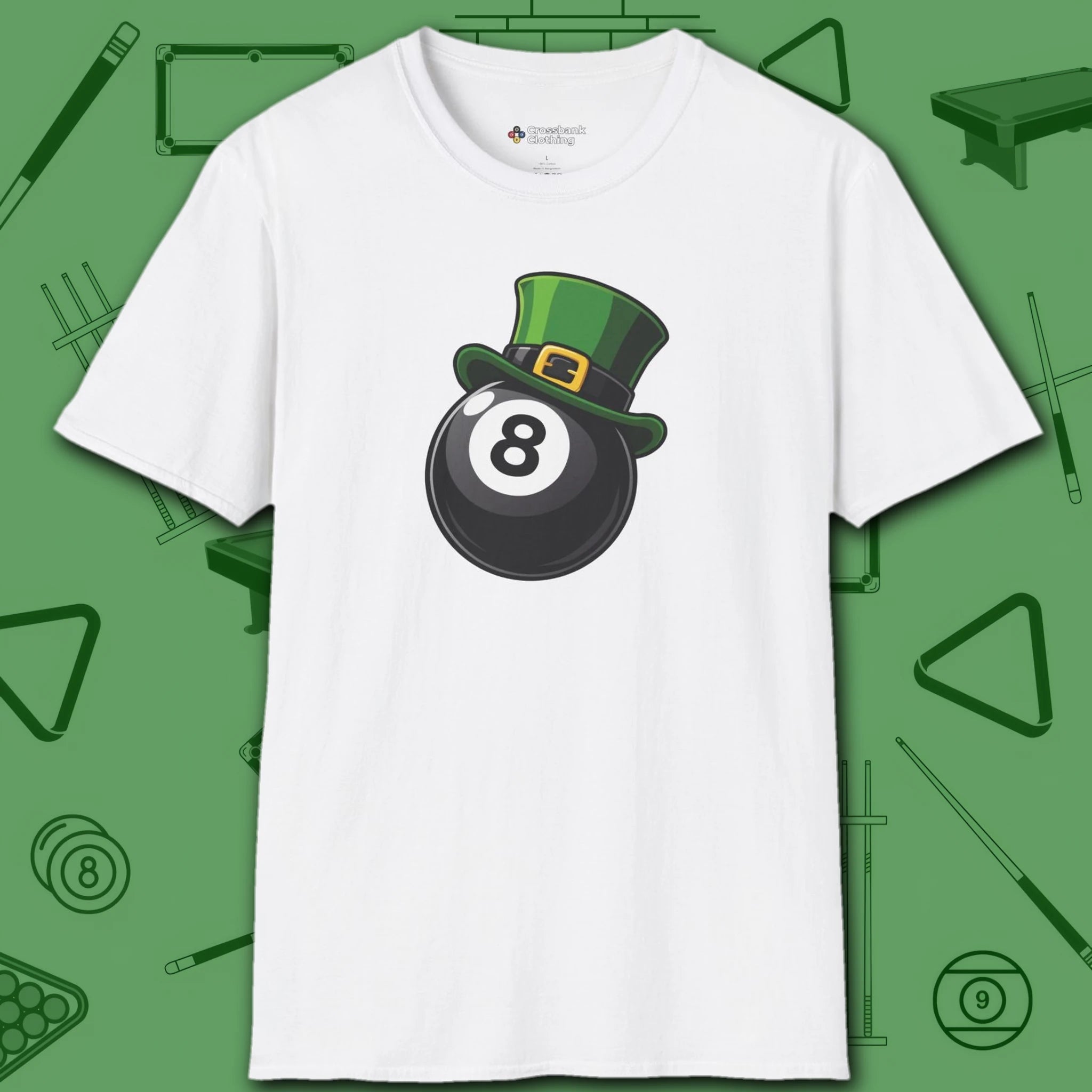Leprechaun Hat Eight Ball T-Shirt, in White color, billiards shirt, front view
