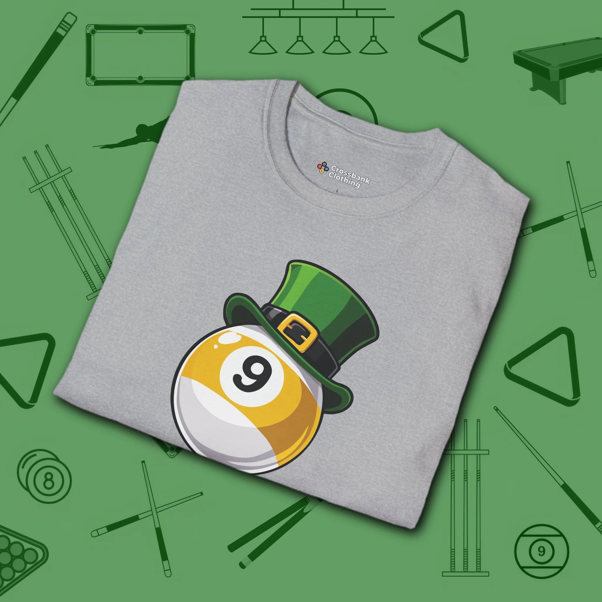 Leprechaun Hat Nine Ball T-Shirt, in Sport Grey color, billiards shirt, folded view