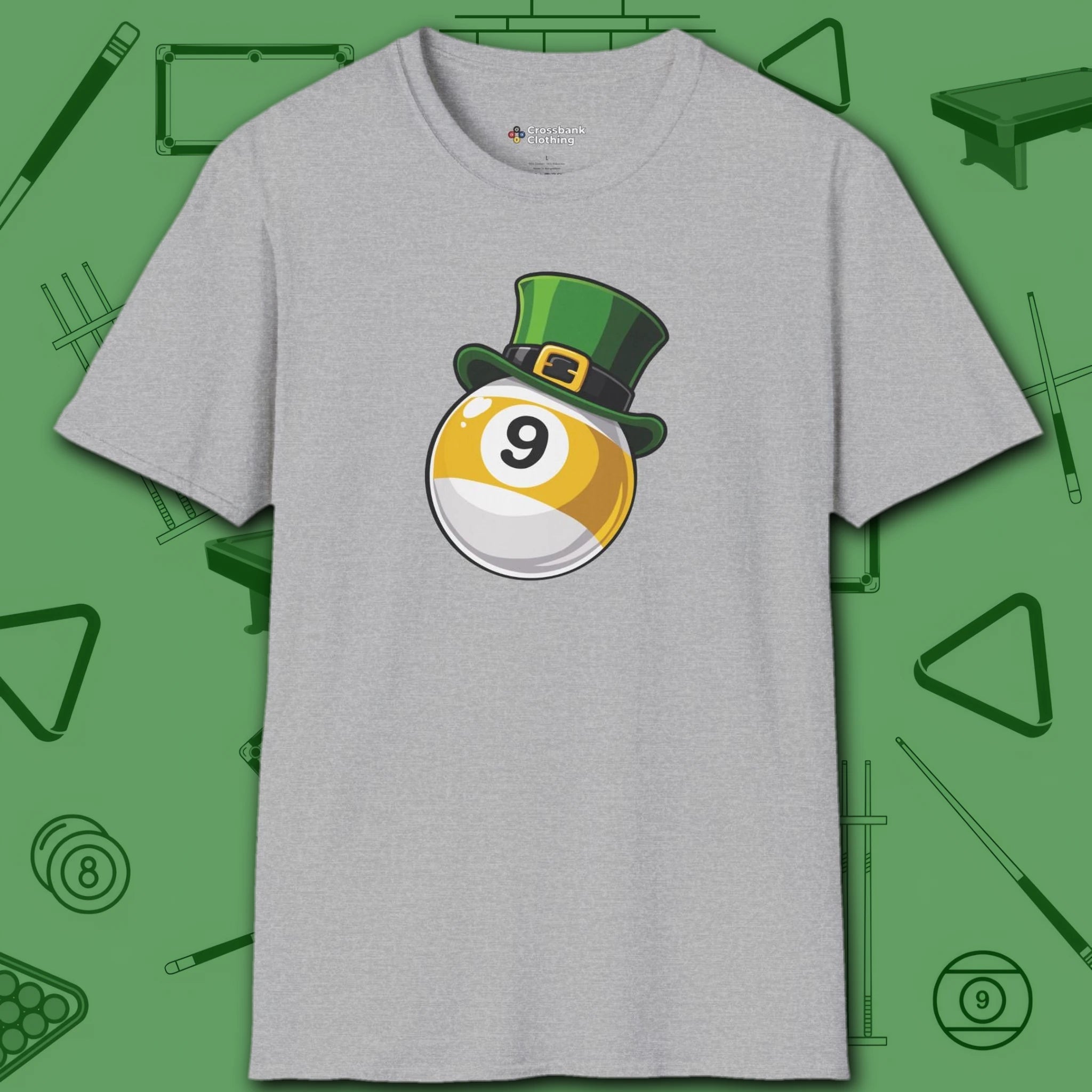 Leprechaun Hat Nine Ball T-Shirt, in Sport Grey color, billiards shirt, front view