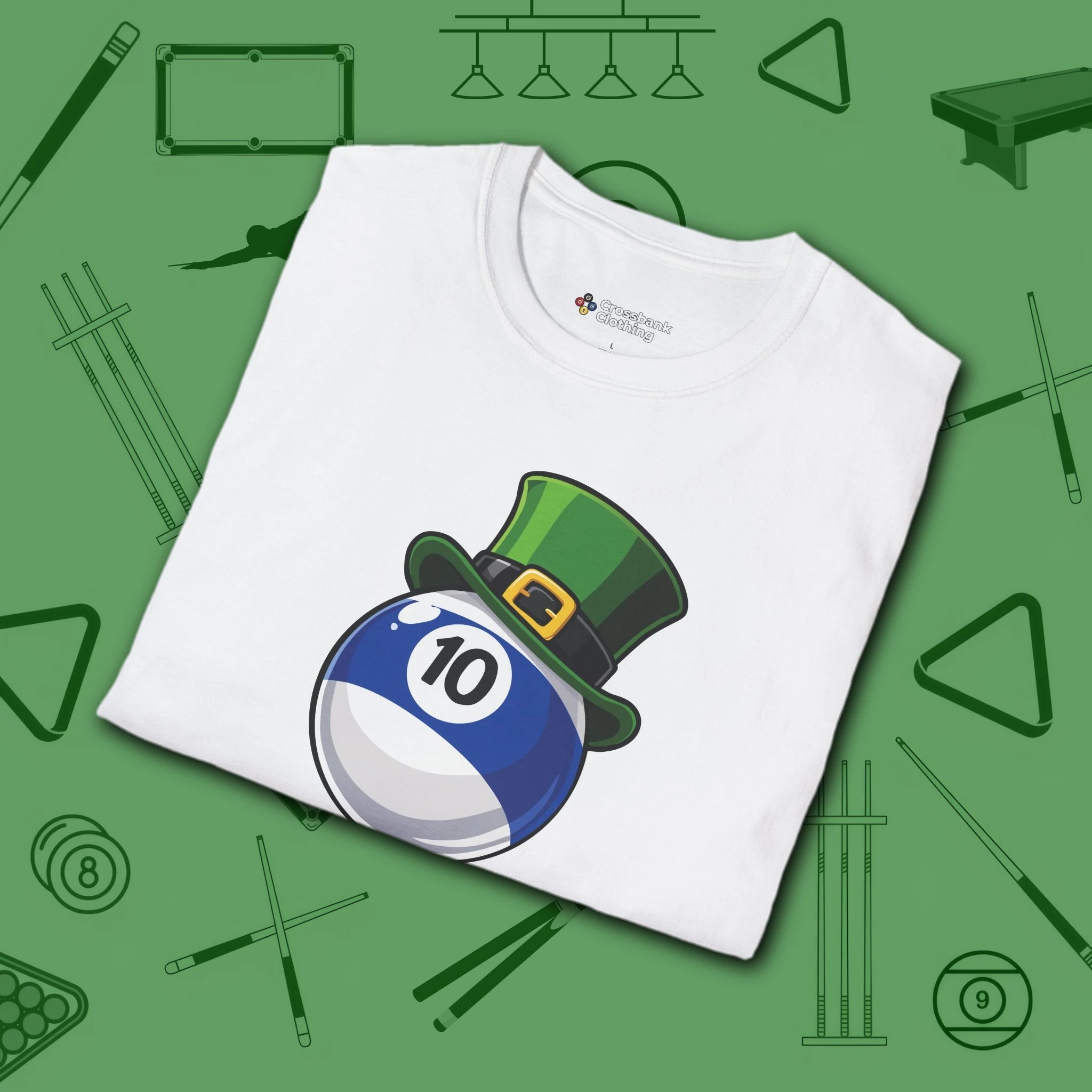 Leprechaun Hat Ten Ball T-Shirt, in White color, billiards shirt, folded view