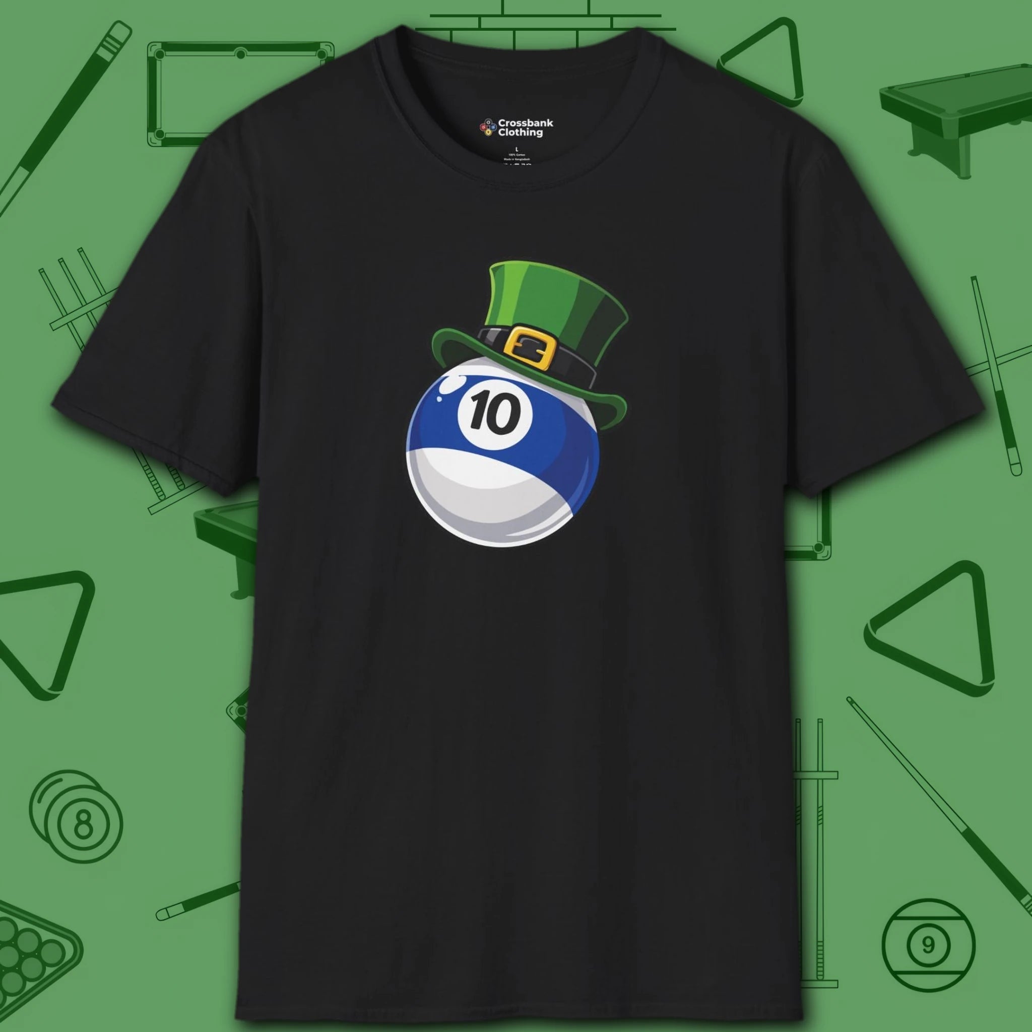 Leprechaun Hat Ten Ball T-Shirt, in Black color, billiards shirt, front view