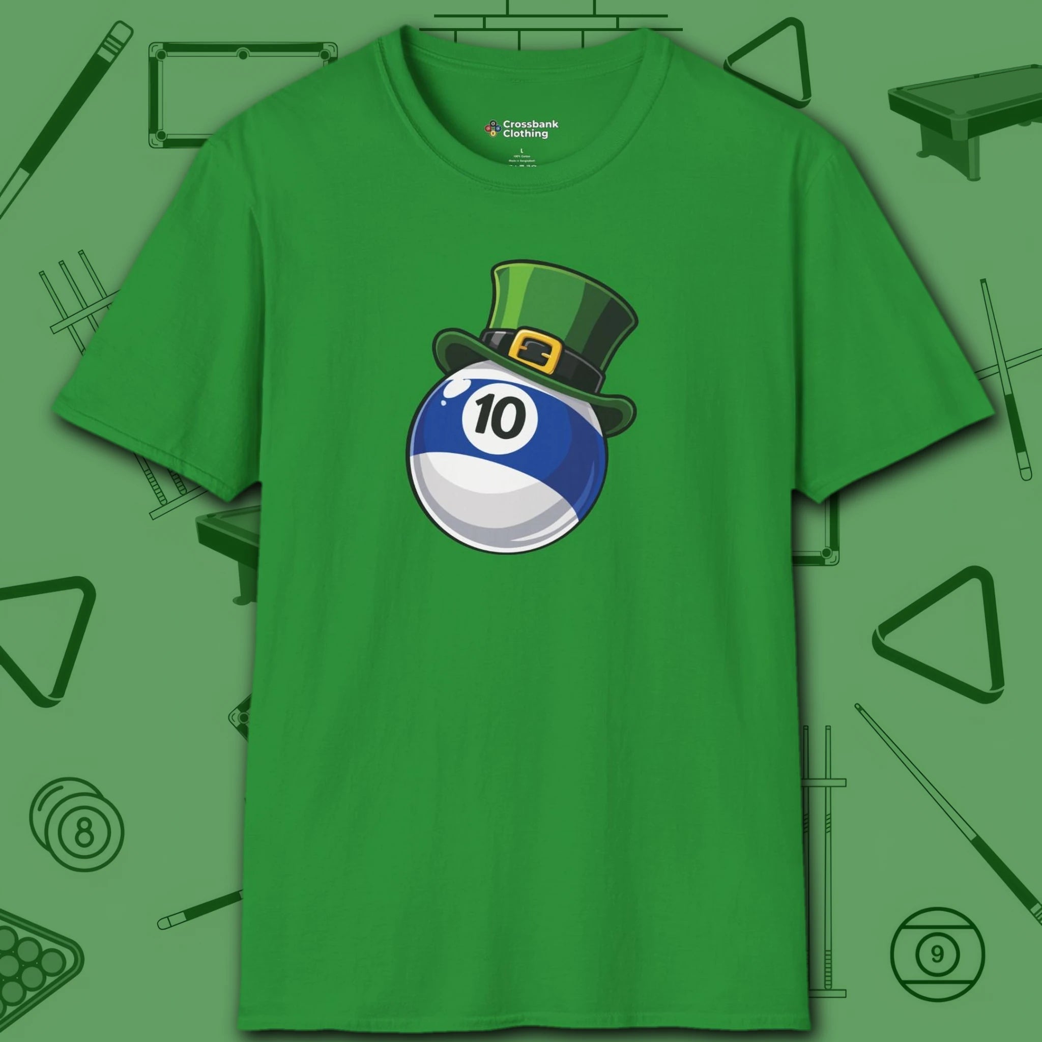 Leprechaun Hat Ten Ball T-Shirt, in Irish Green color, billiards shirt, front view