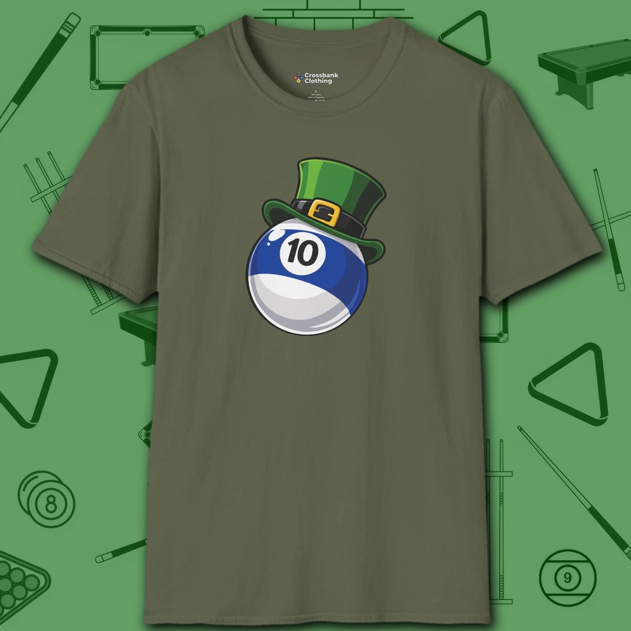 Leprechaun Hat Ten Ball T-Shirt, in Military Green color, billiards shirt, front view