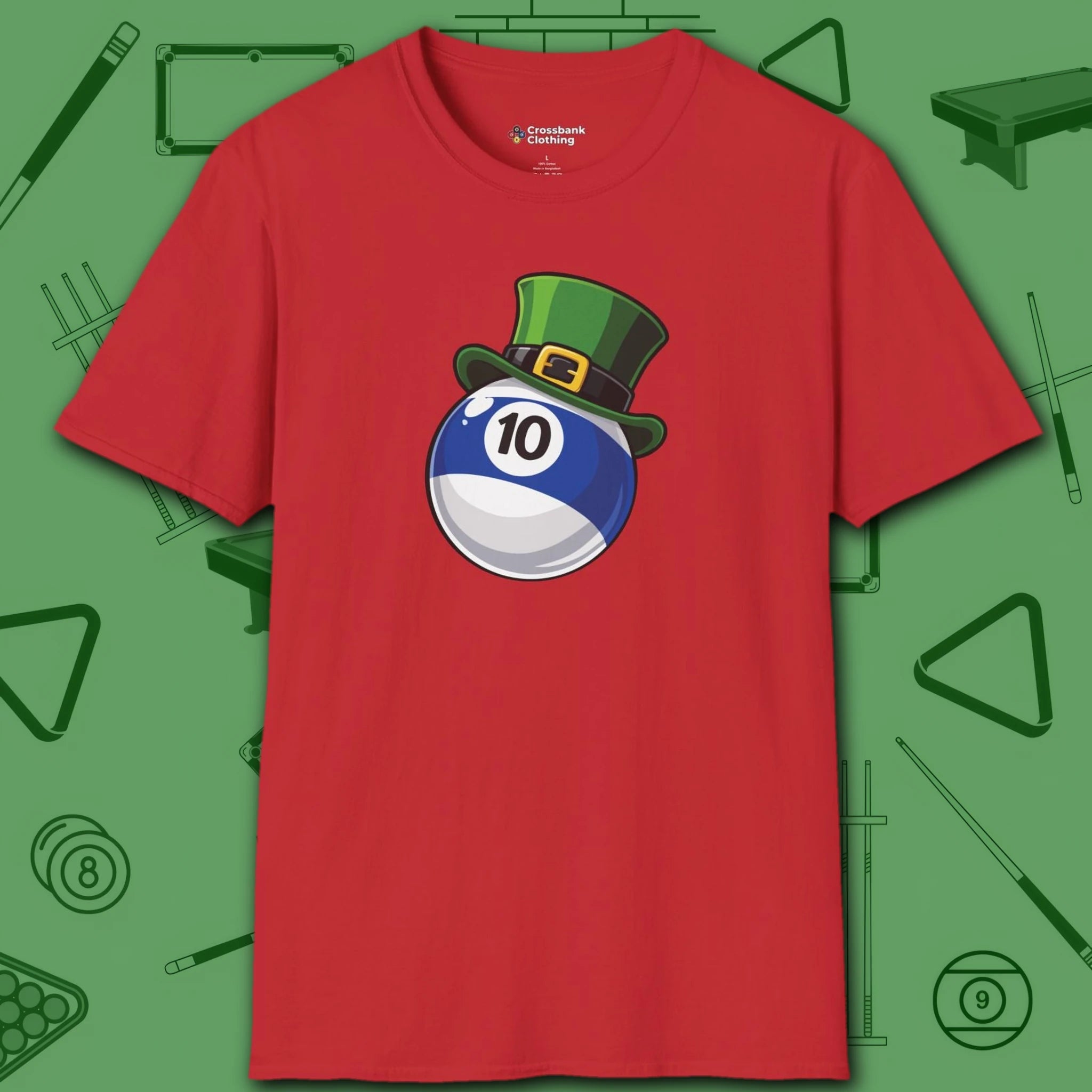 Leprechaun Hat Ten Ball T-Shirt, in Red color, billiards shirt, front view