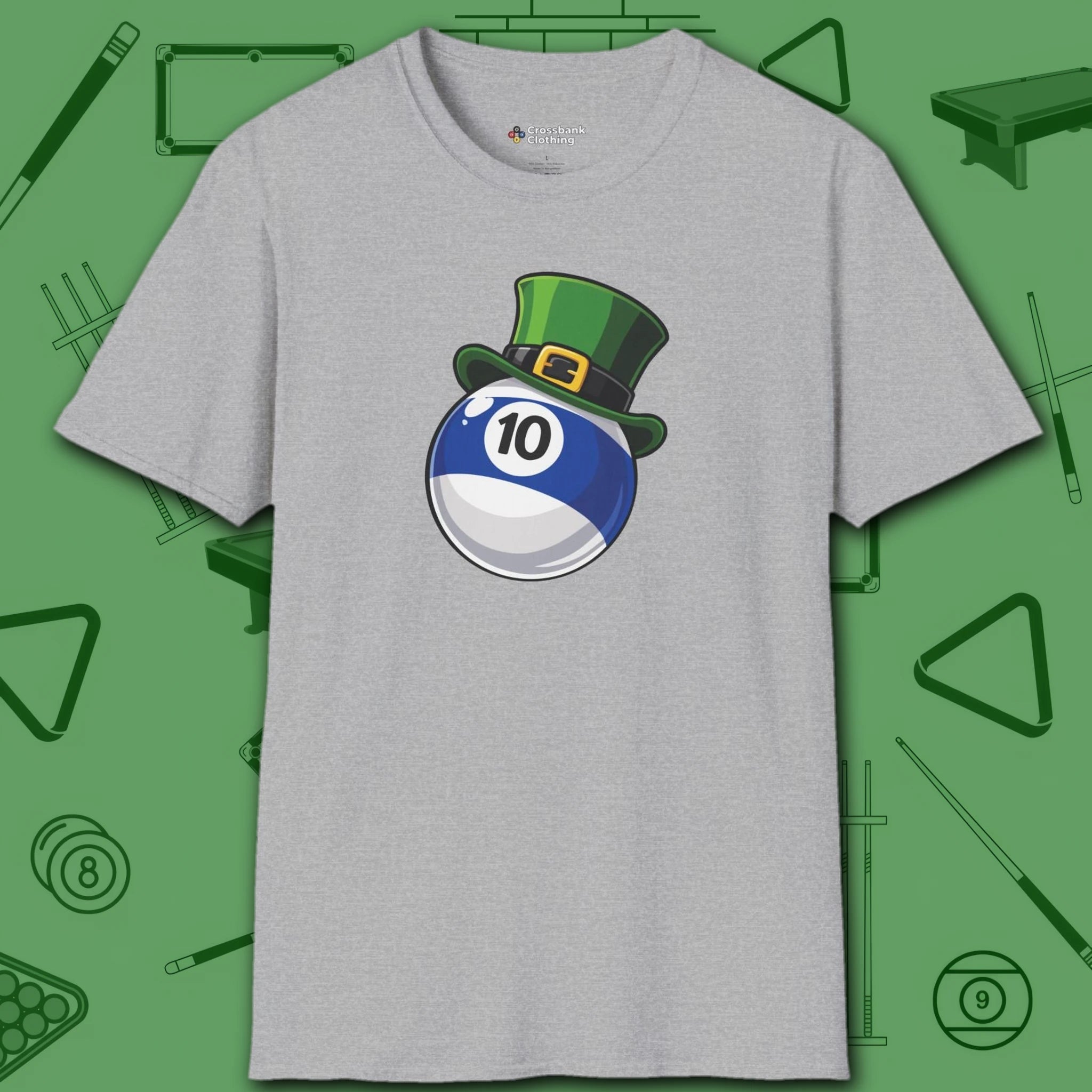 Leprechaun Hat Ten Ball T-Shirt, in Sport Grey color, billiards shirt, front view
