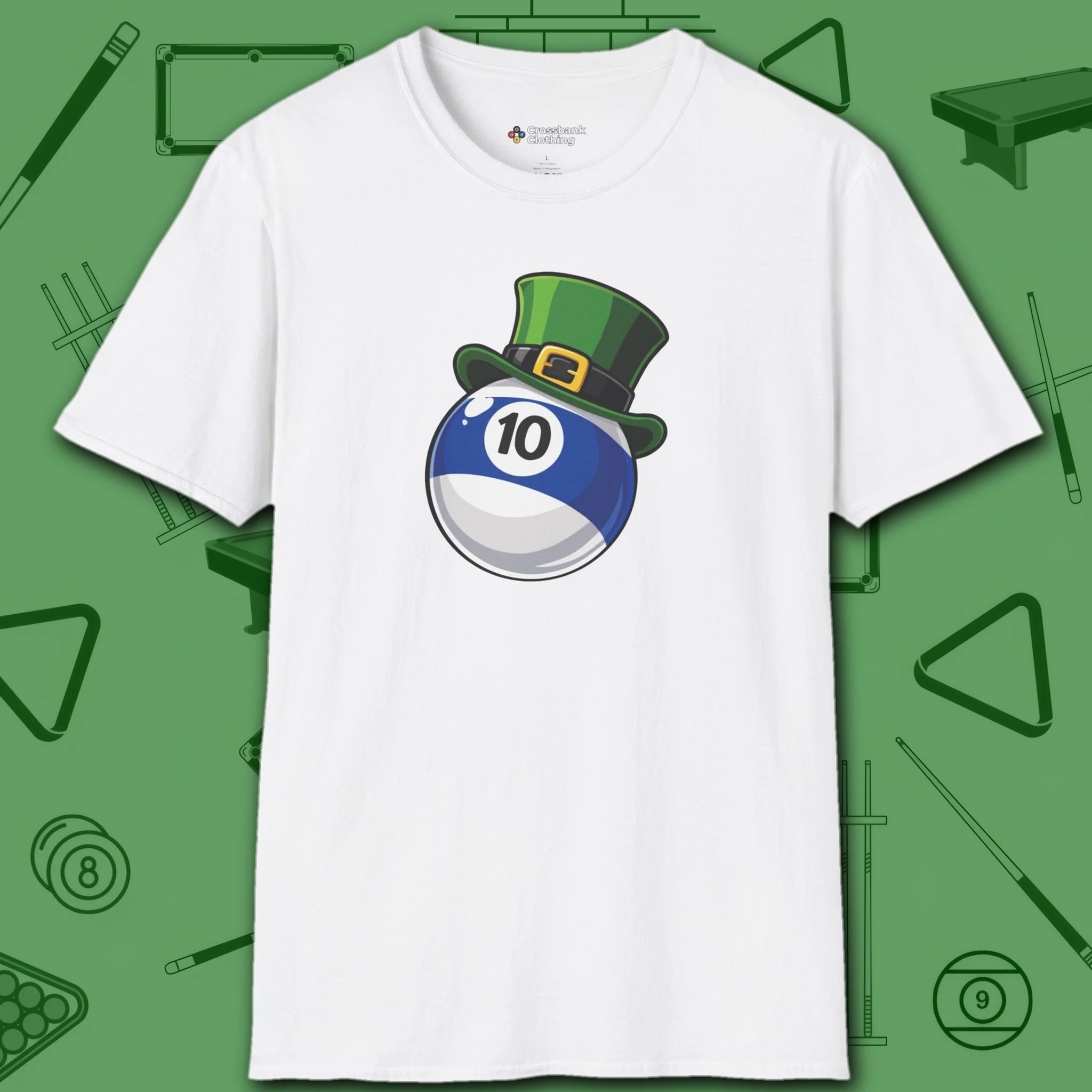 Leprechaun Hat Ten Ball T-Shirt, in White color, billiards shirt, front view