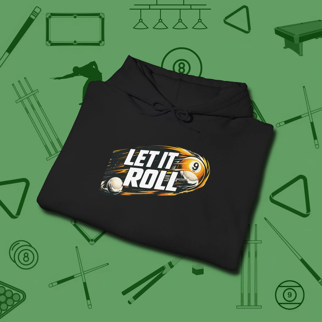 Let It Roll Nine Ball Hoodie, folded view, in Black your go-to shirt for league night victories