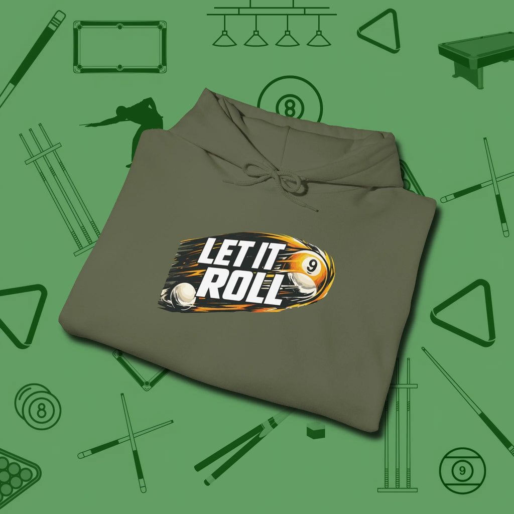 Let It Roll Nine Ball Hoodie, folded view, in Military Green precise, confident, always in control