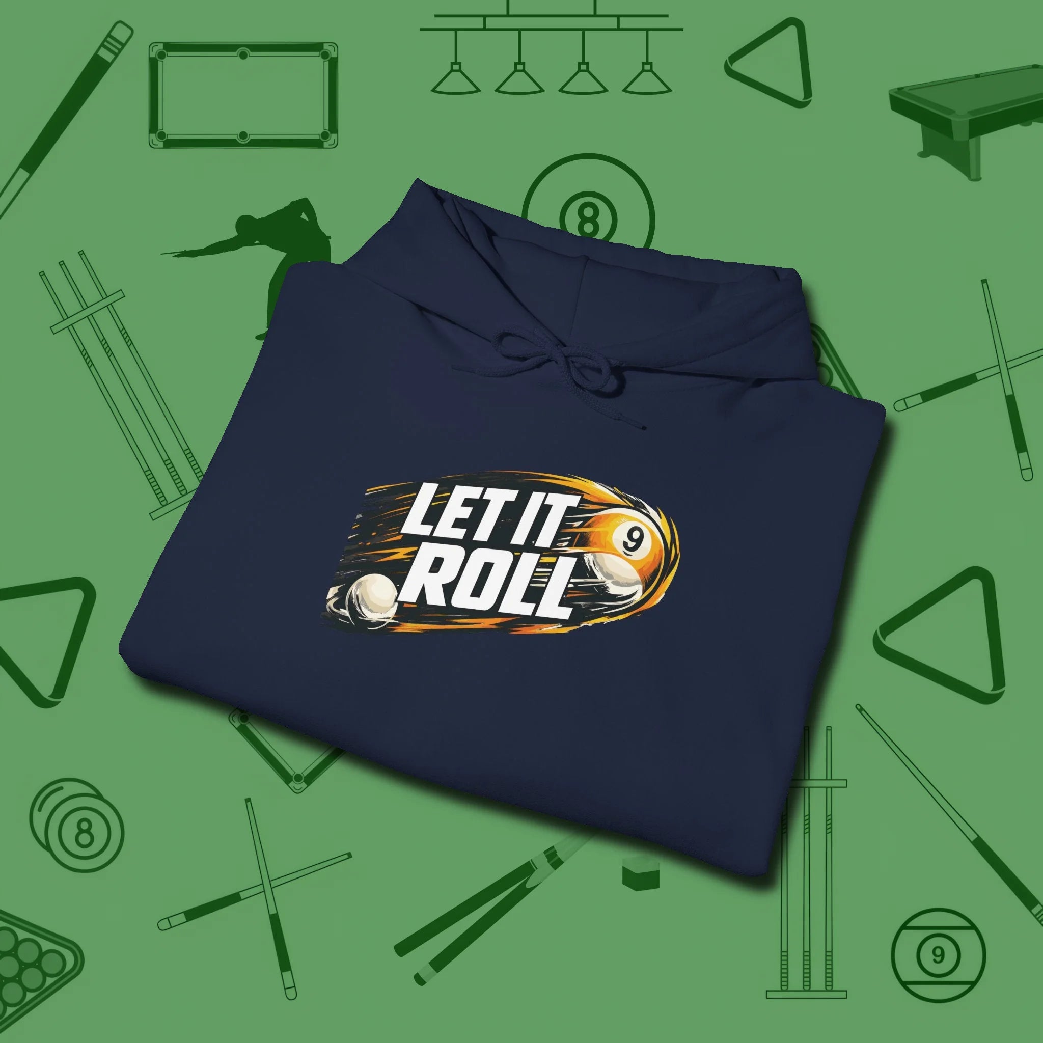 Let It Roll Nine Ball Hoodie, folded view, in Navy put your best game on display
