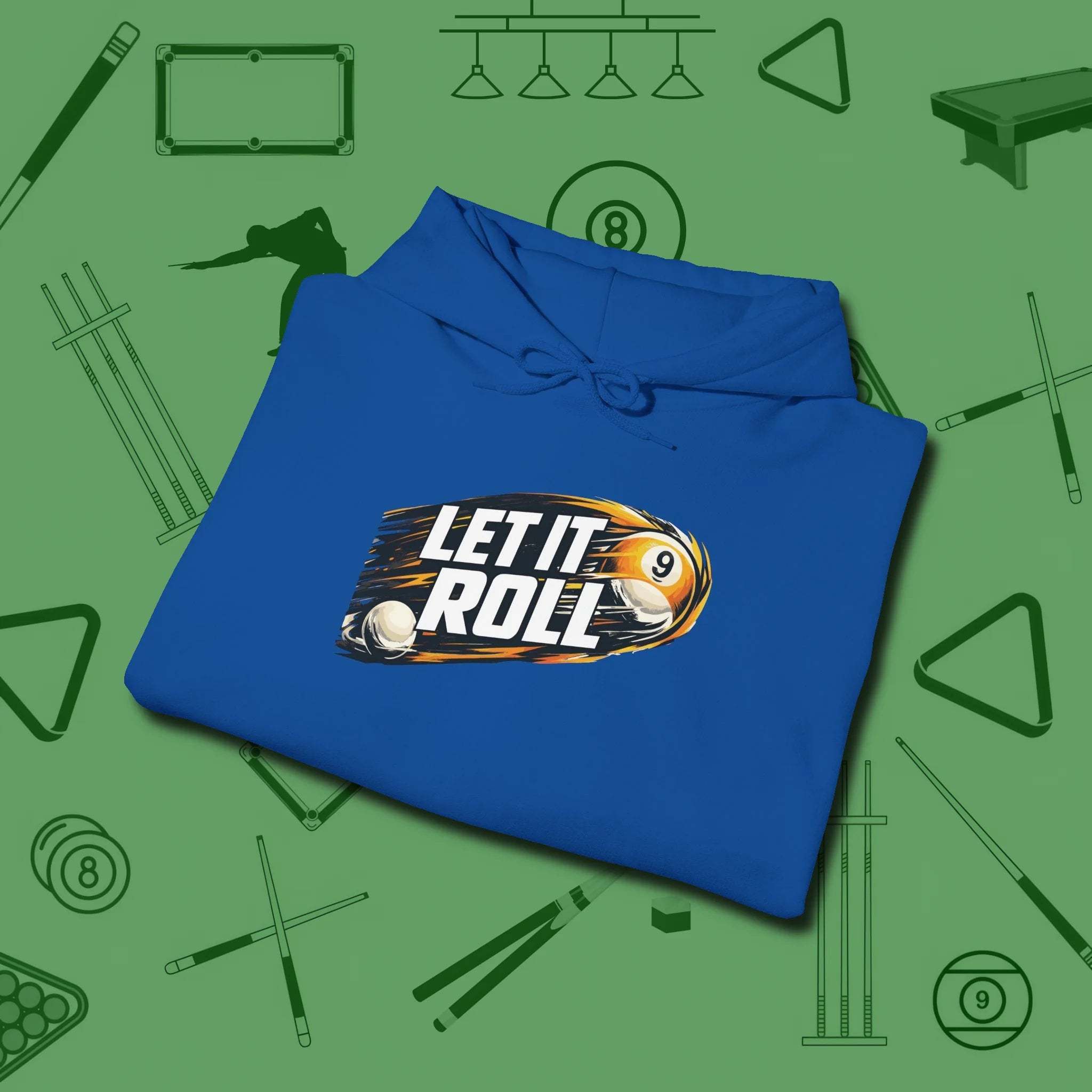 Let It Roll Nine Ball Hoodie, folded view, in Royal helps your stroke and your style