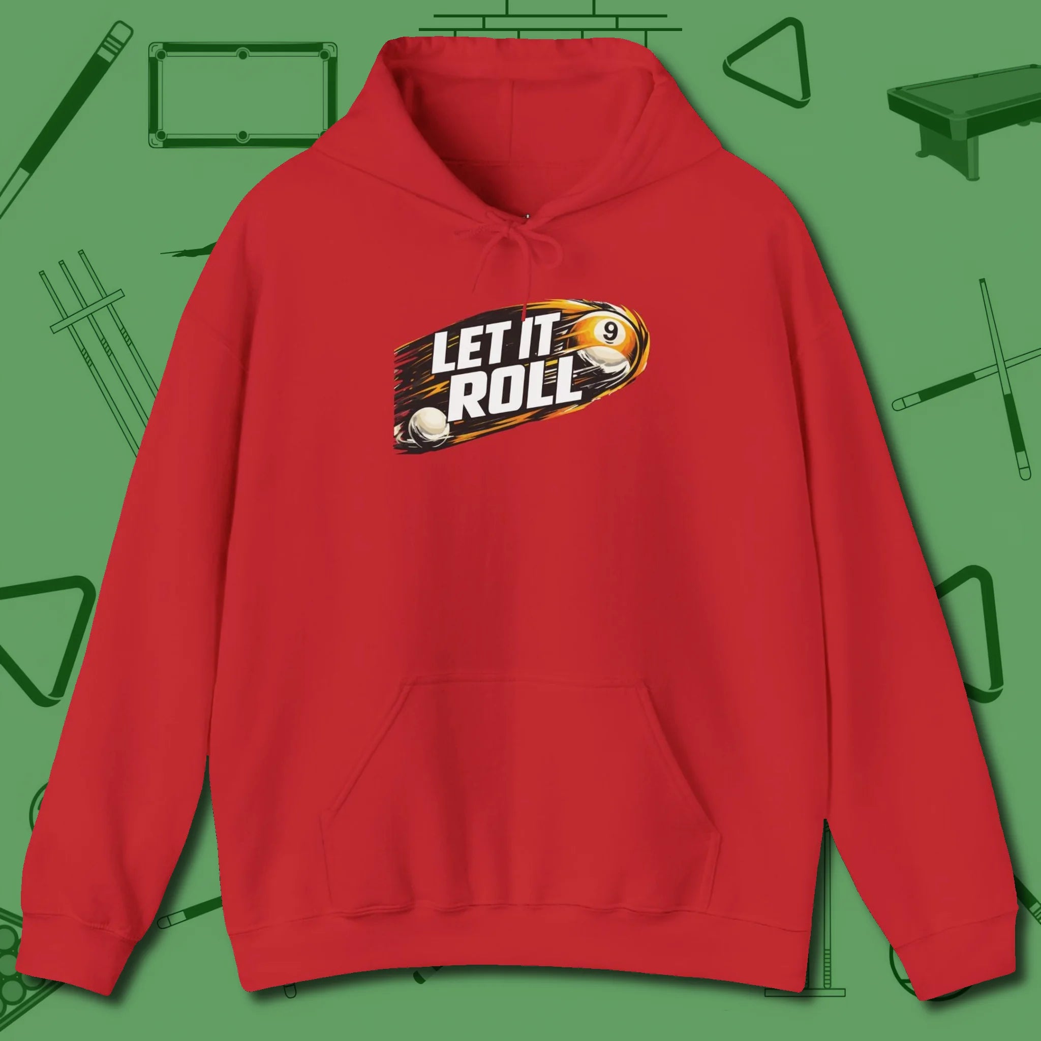 Let It Roll Nine Ball Hoodie, front view, in Red for hustlers who keep it honest