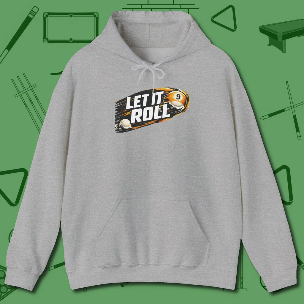 Let It Roll Nine Ball Hoodie, front view, in Sport Grey look good while calling your pocket