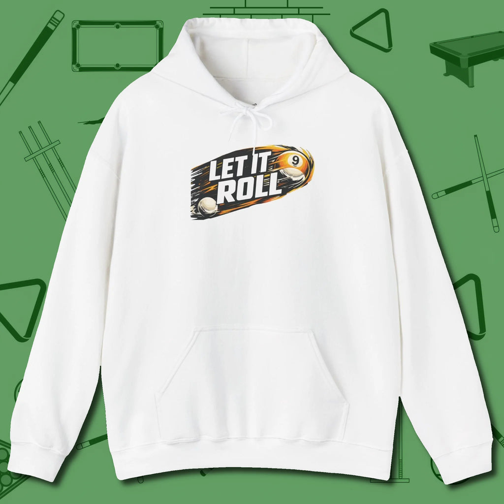 Let It Roll Nine Ball Hoodie, front view, in White classic cue style, no gimmicks