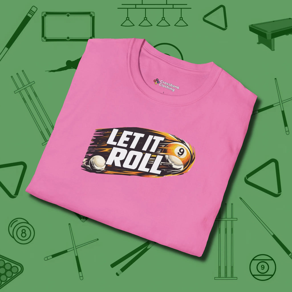 Let It Roll Nine Ball T-Shirt, folded view, in Azalea an extension of your pool persona