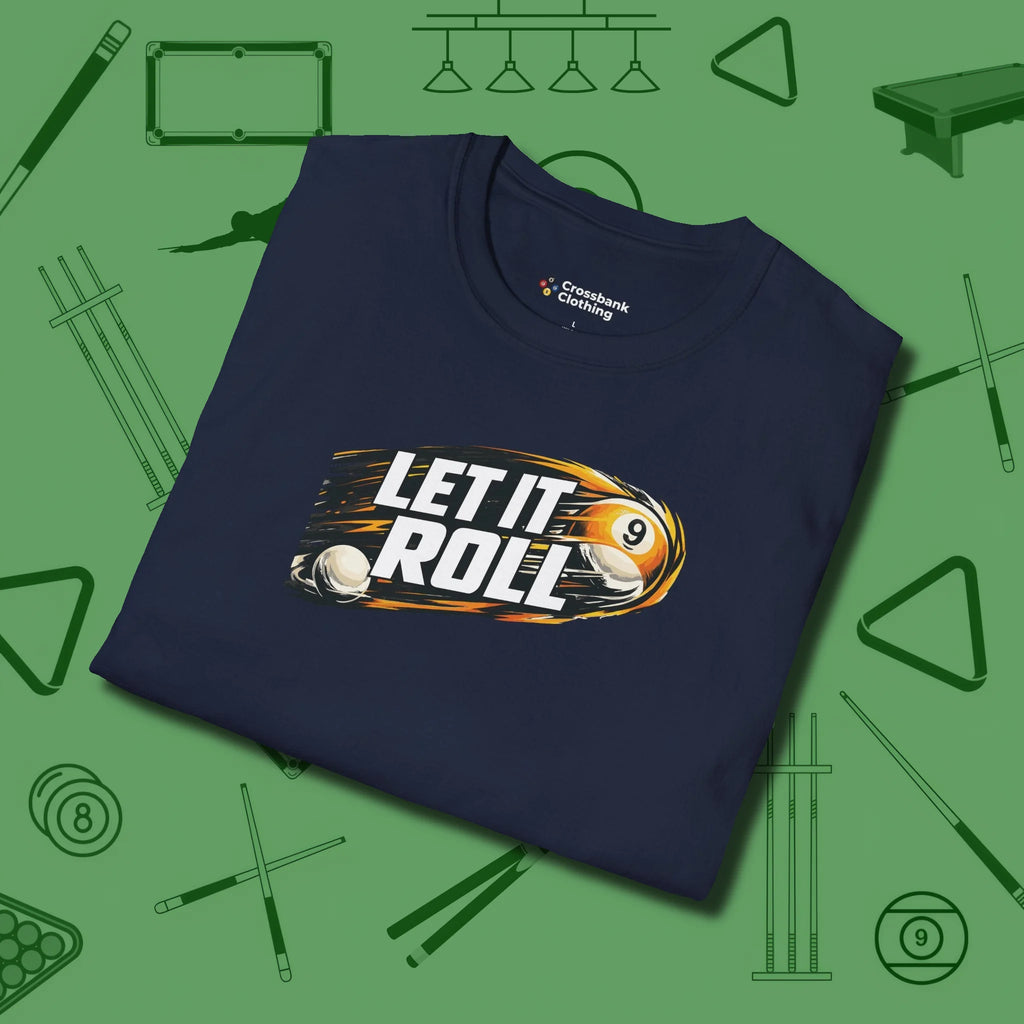 Let It Roll Nine Ball T-Shirt, folded view, in Navy perfect for players with quiet fire