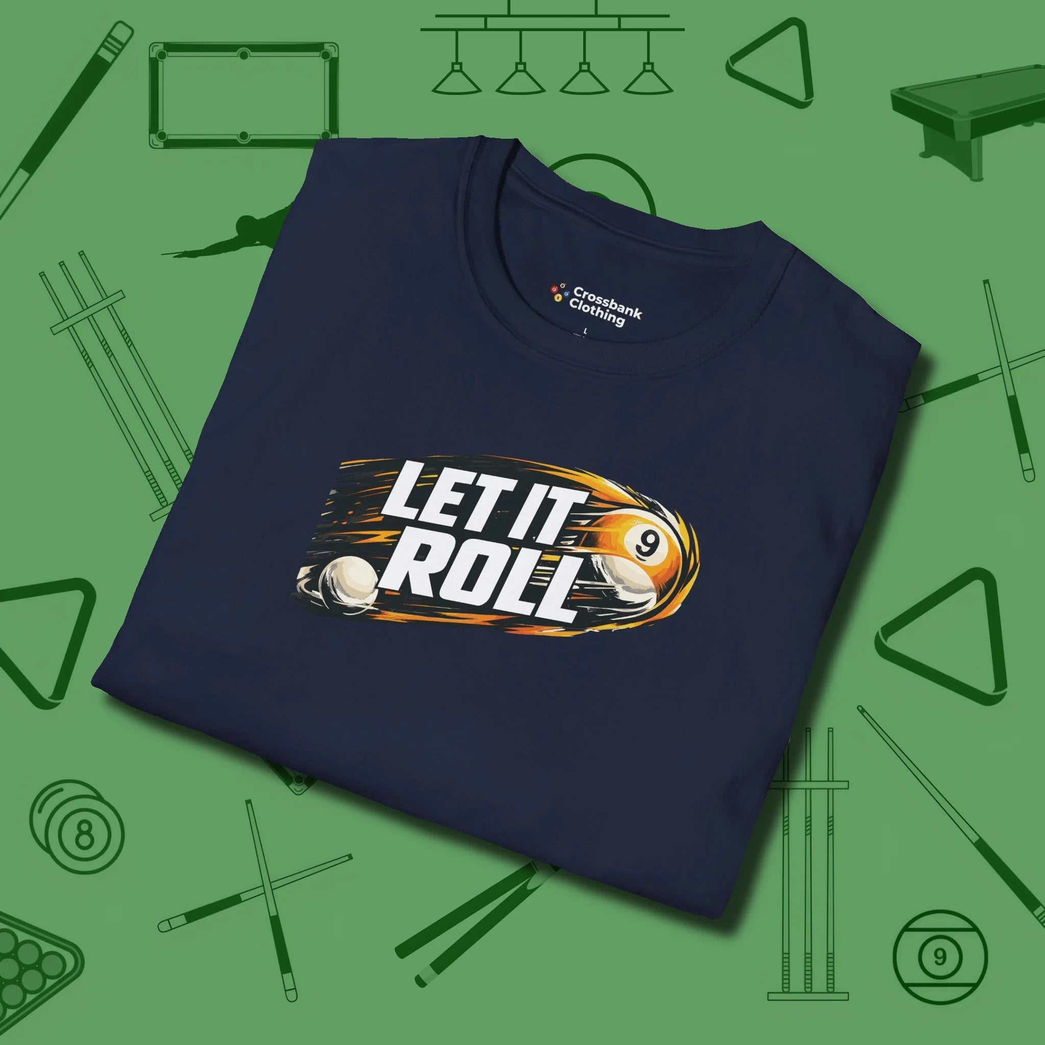 Let It Roll Nine Ball T-Shirt, folded view, in Navy perfect for players with quiet fire