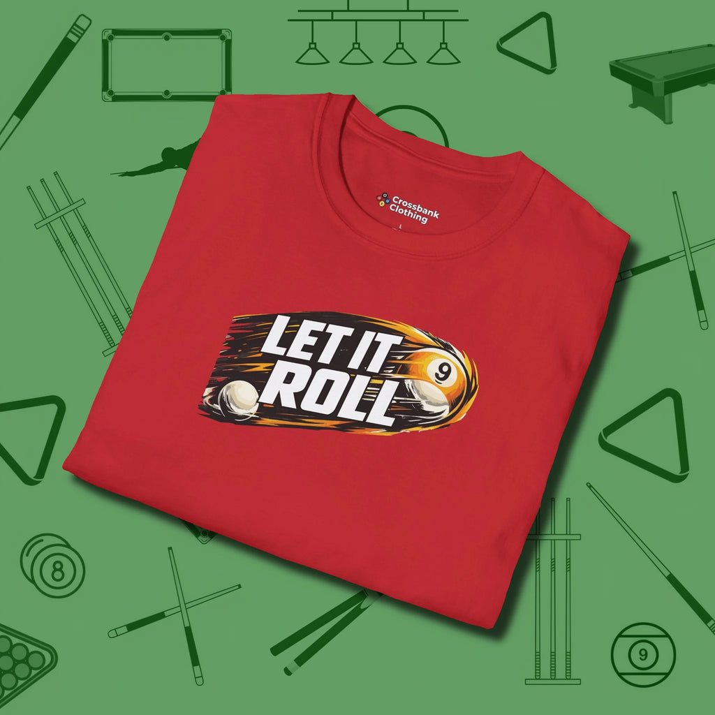 Let It Roll Nine Ball T-Shirt, folded view, in Red confidence stitched in every seam