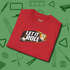 Let It Roll Nine Ball T-Shirt, folded view, in Red confidence stitched in every seam