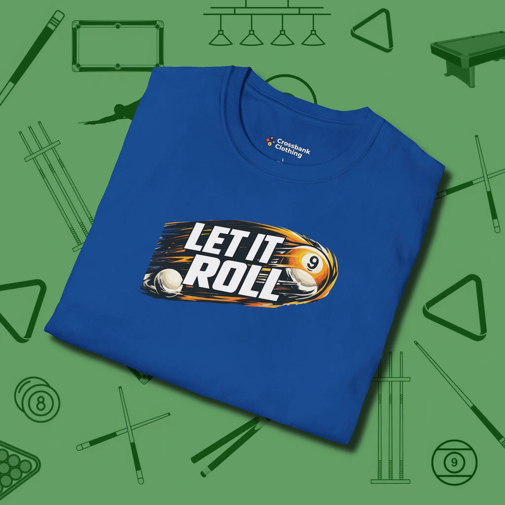Let It Roll Nine Ball T-Shirt, folded view, in Royal as serious as your stroke