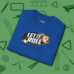 Let It Roll Nine Ball T-Shirt, folded view, in Royal as serious as your stroke