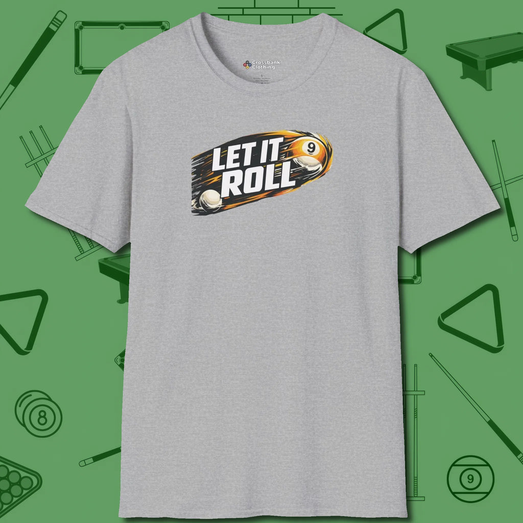 Let It Roll Nine Ball T-Shirt, front view, in Sport Grey put your best game on display