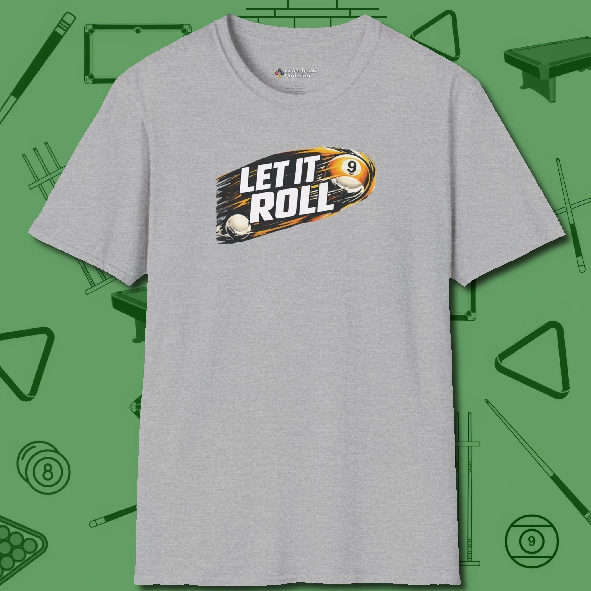 Let It Roll Nine Ball T-Shirt, front view, in Sport Grey put your best game on display