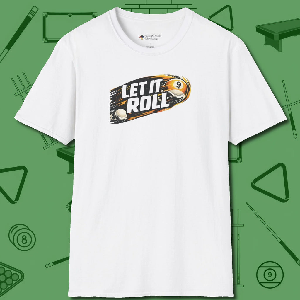 Let It Roll Nine Ball T-Shirt, front view, in White fashion with break-and-run energy