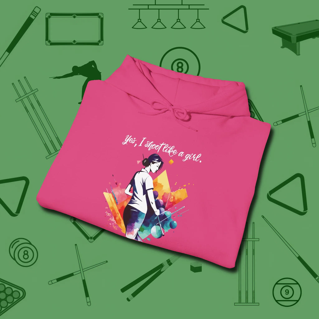 Like A Girl Hoodie, folded view, in Heliconia make every shot — and outfit — count