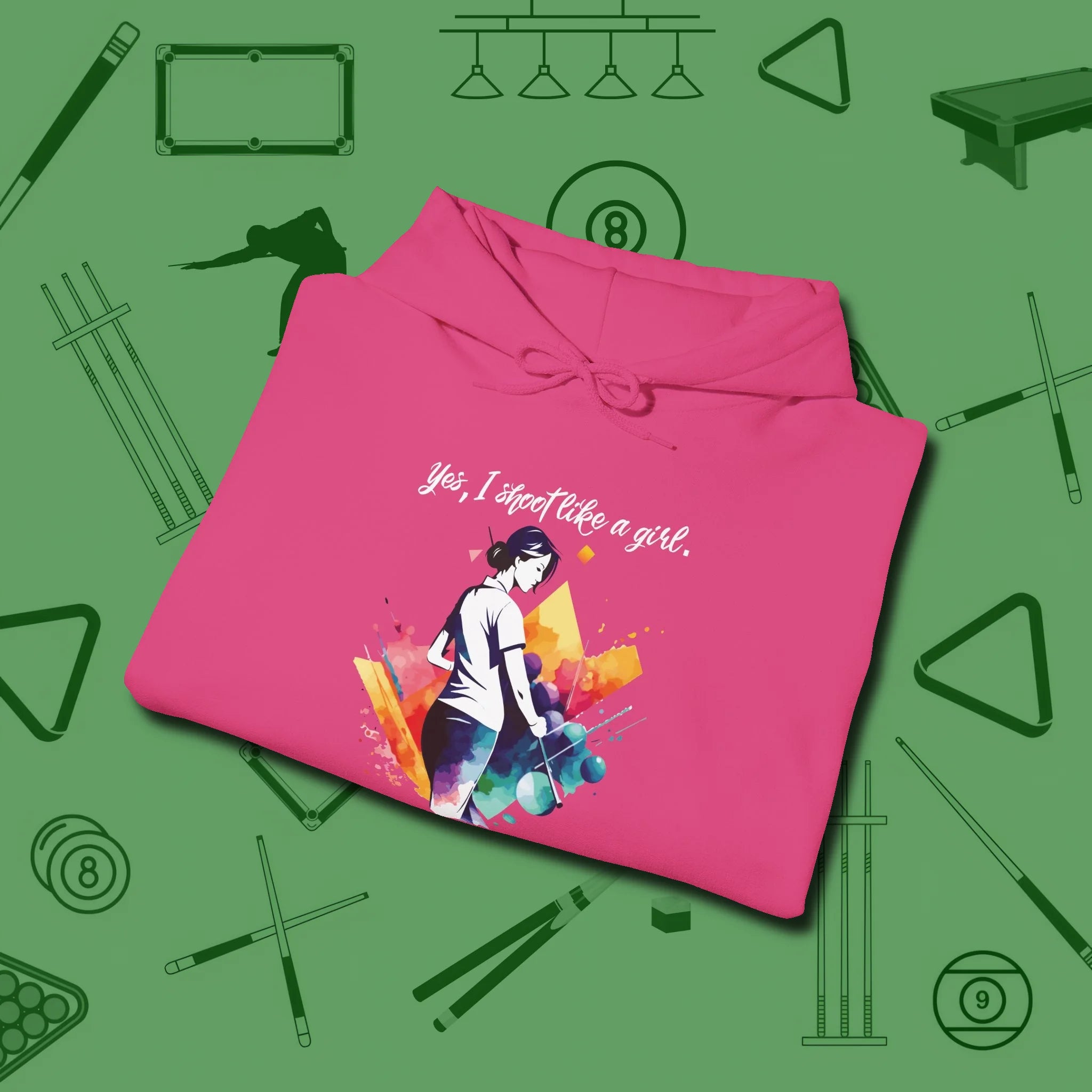 Like A Girl Hoodie, folded view, in Heliconia make every shot — and outfit — count