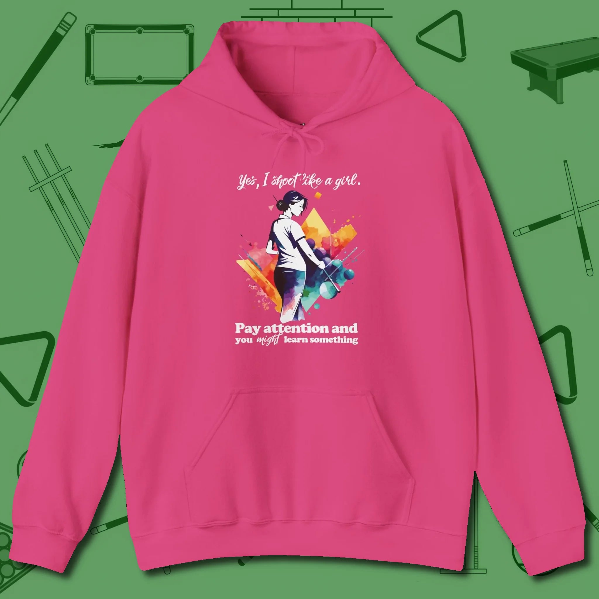 Like A Girl Hoodie, front view, in Heliconia a clean fit for the dirtiest safeties