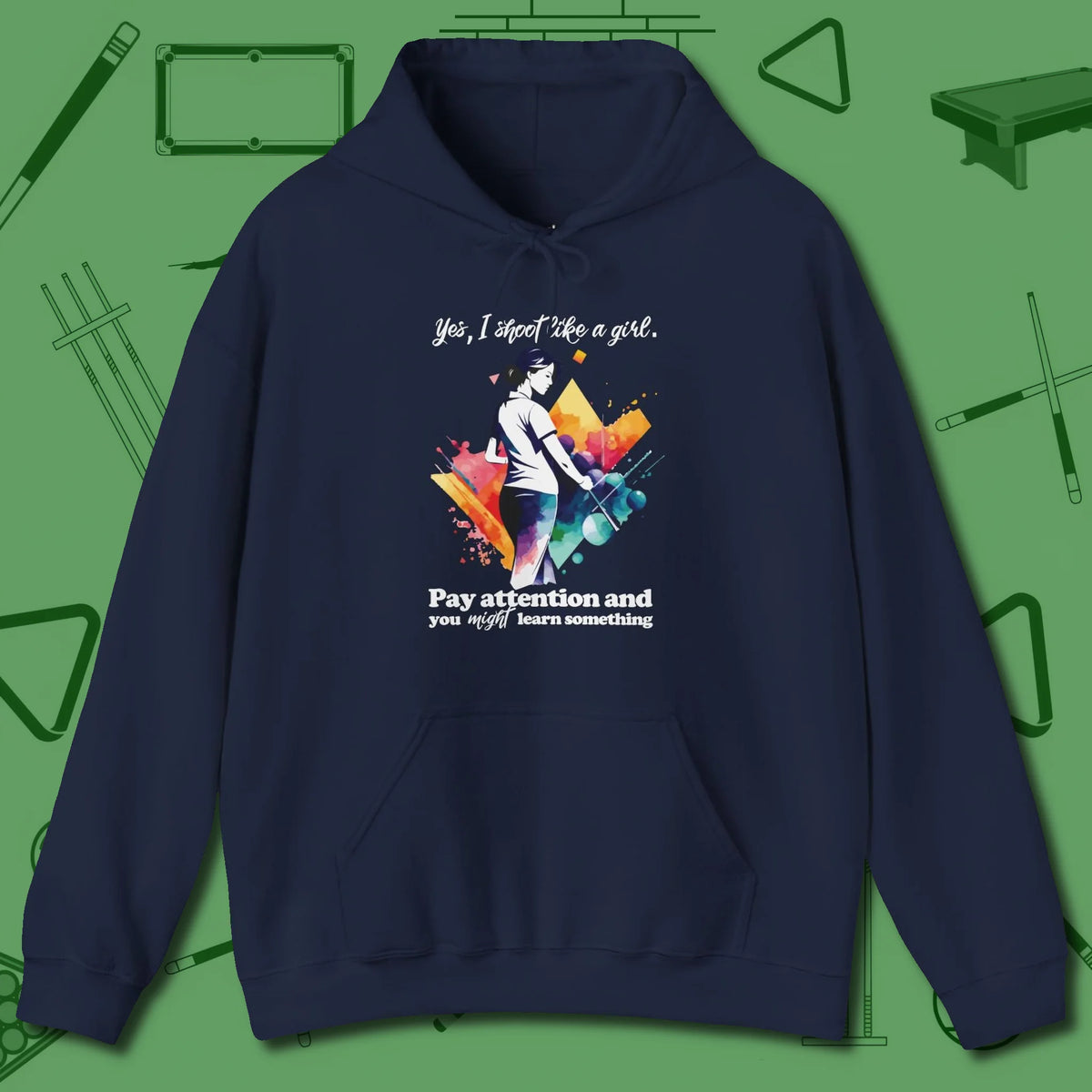 Like A Girl Hoodie, front view, in Navy your secret weapon off the table