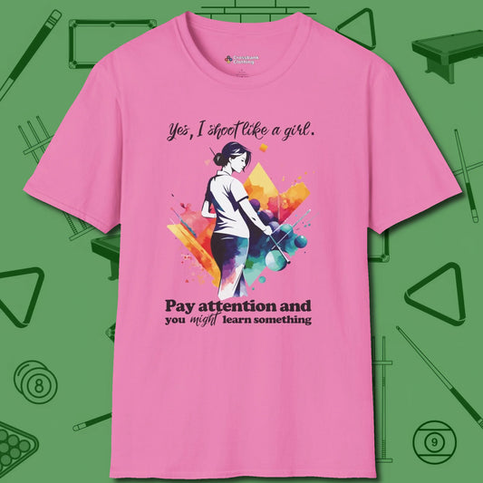 Like A Girl T-Shirt, front view, in Azalea look good while calling your pocket