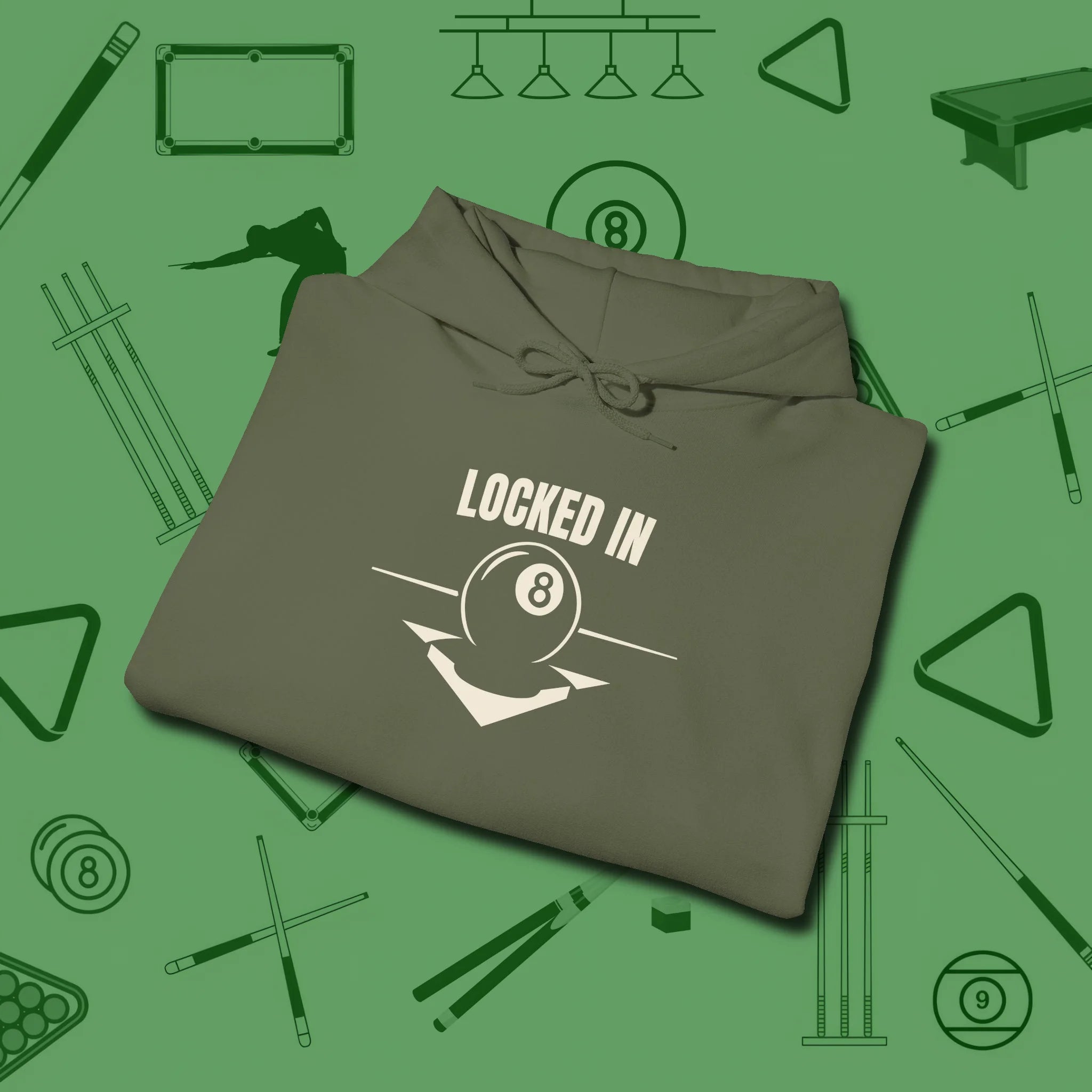 Locked In Eight Ball Hoodie, folded view, in Military Green not your average 8-ball graphic tee