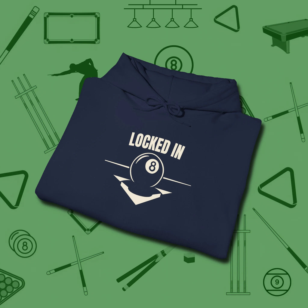 Locked In Eight Ball Hoodie, folded view, in Navy play in style, win in silence