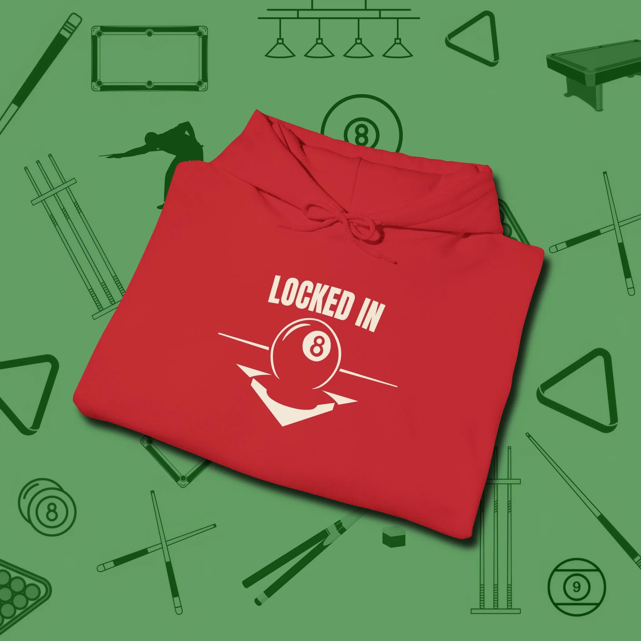 Locked In Eight Ball Hoodie, folded view, in Red cue sports swagger done right