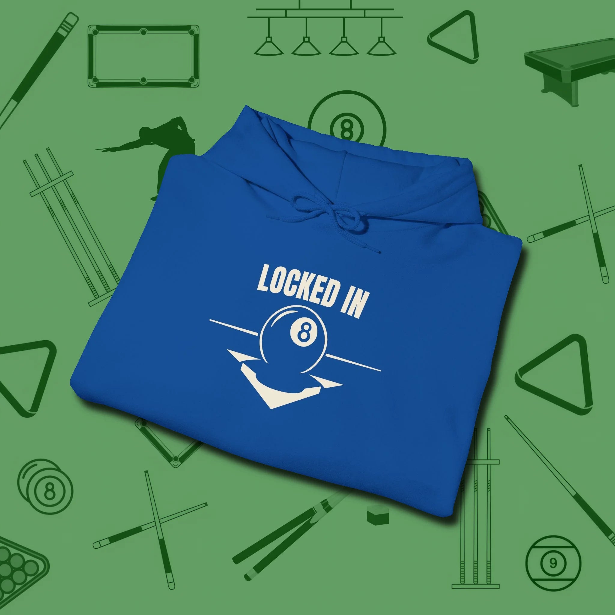 Locked In Eight Ball Hoodie, folded view, in Royal make every shot — and outfit — count