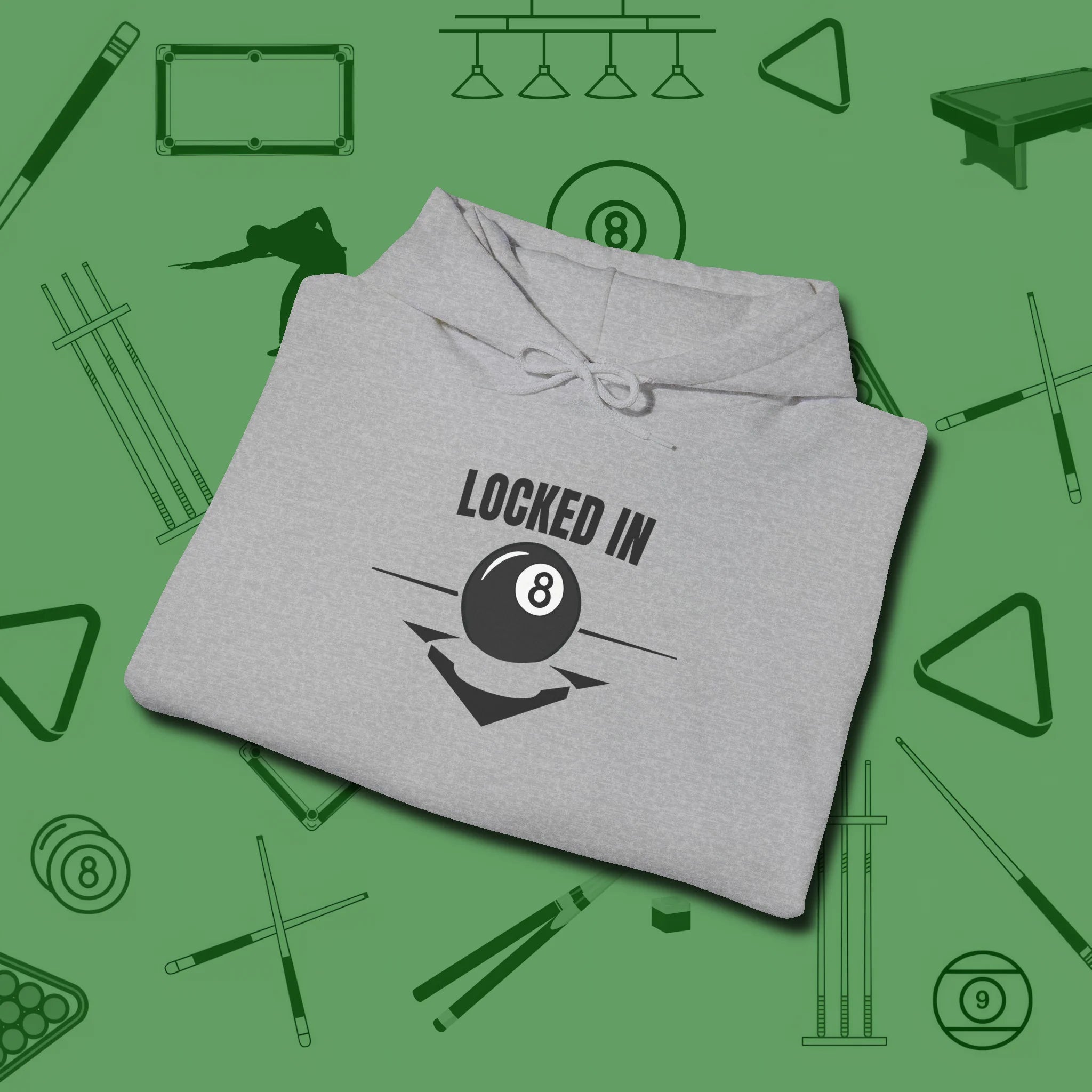 Locked In Eight Ball Hoodie, folded view, in Sport Grey precise, confident, always in control