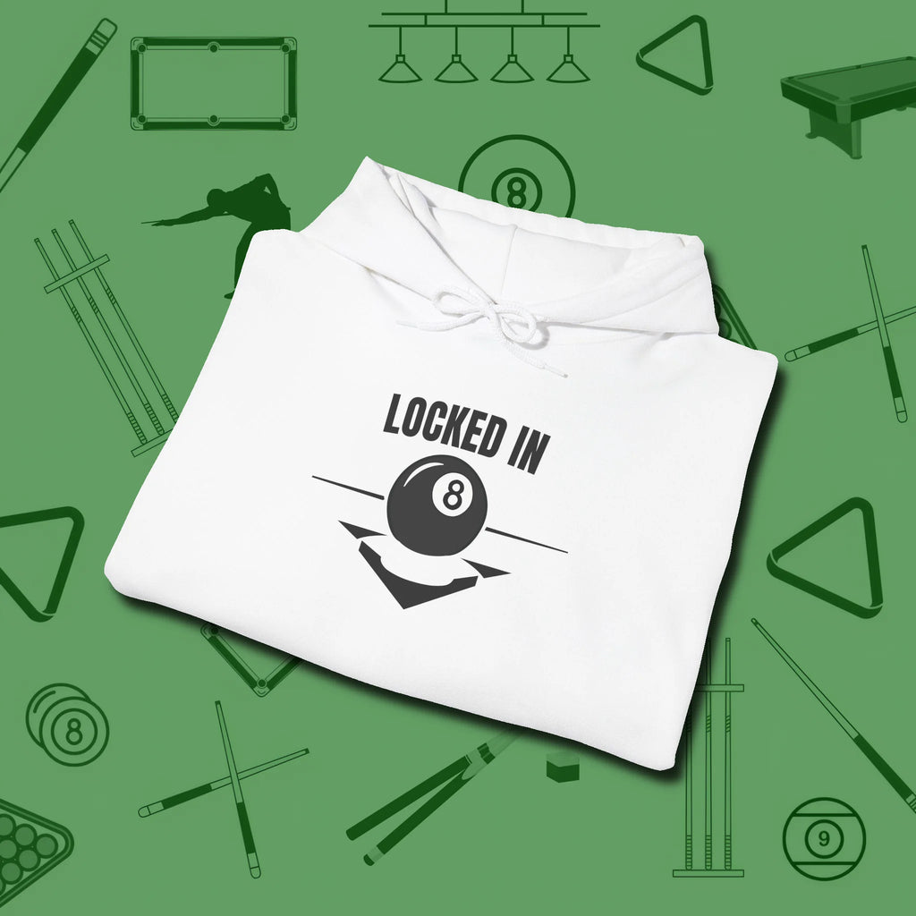 Locked In Eight Ball Hoodie, folded view, in White styled to dominate from rack to run-out