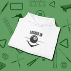 Locked In Eight Ball Hoodie, folded view, in White styled to dominate from rack to run-out