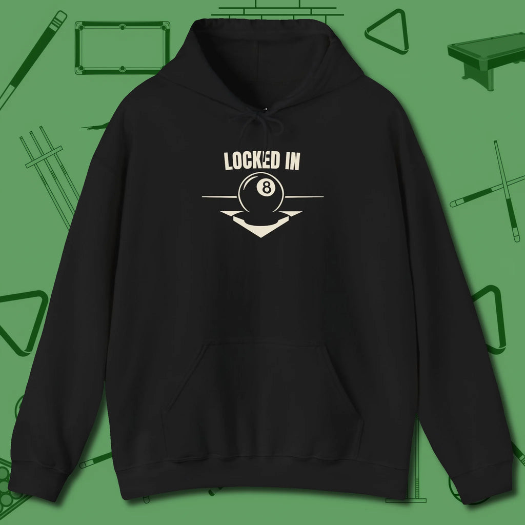 Locked In Eight Ball Hoodie, front view, in Black it’s not a hobby — it’s a lifestyle