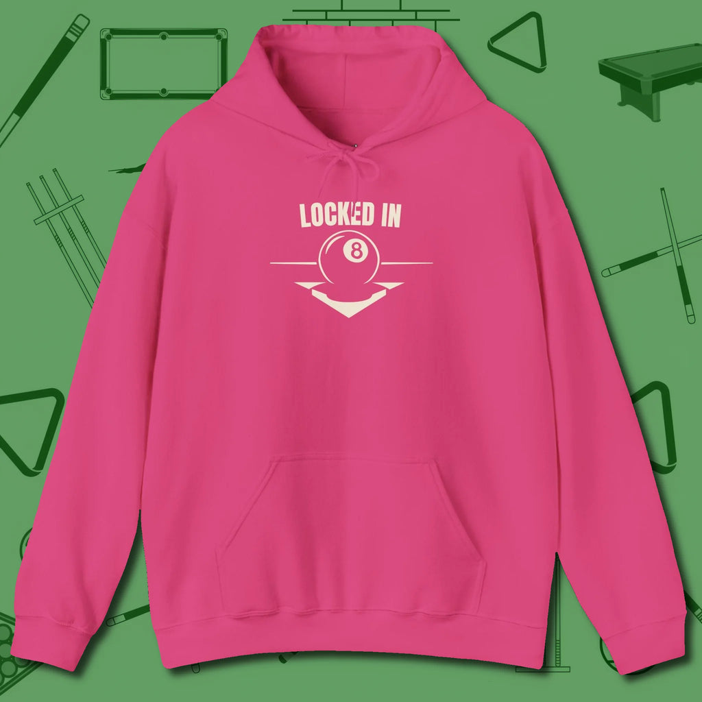 Locked In Eight Ball Hoodie, front view, in Heliconia make every shot — and outfit — count