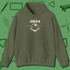 Locked In Eight Ball Hoodie, front view, in Military Green smart enough for the felt and the street
