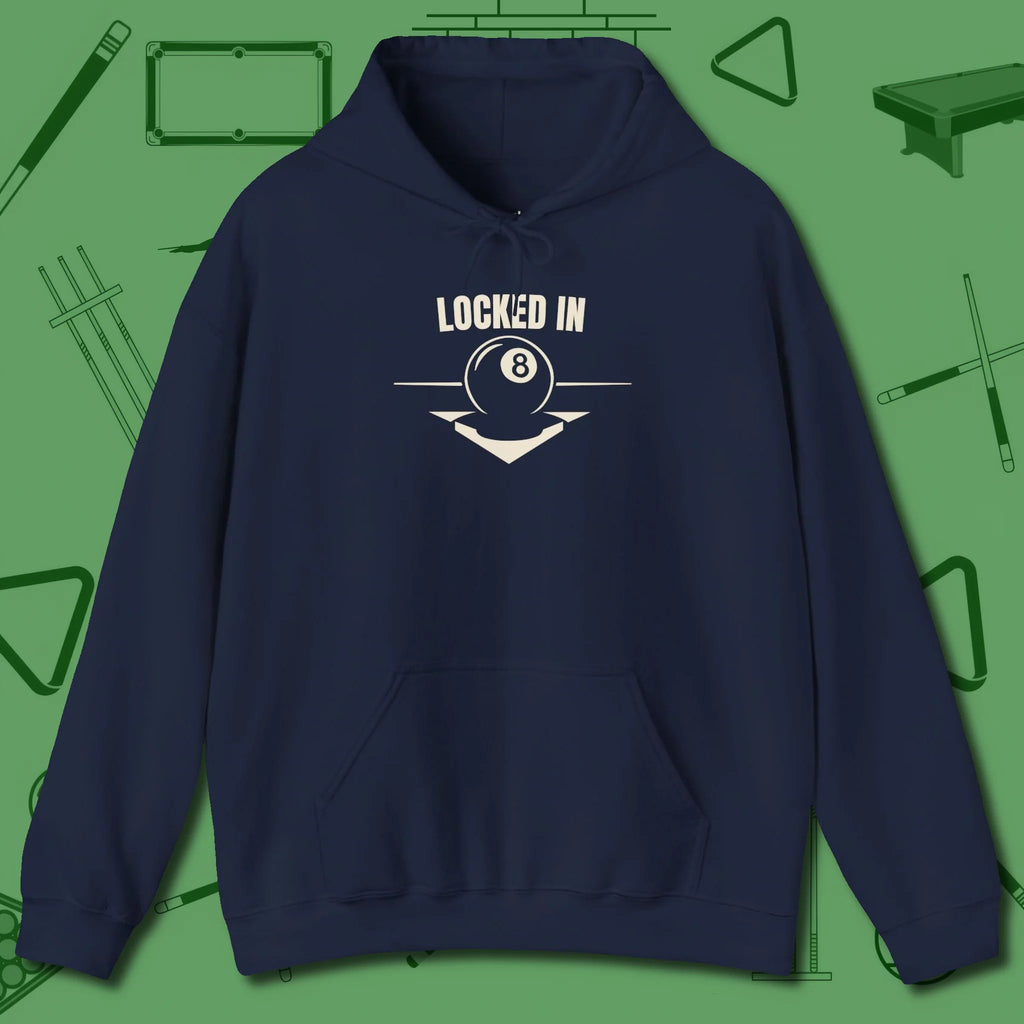 Locked In Eight Ball Hoodie, front view, in Navy earns respect before the first shot