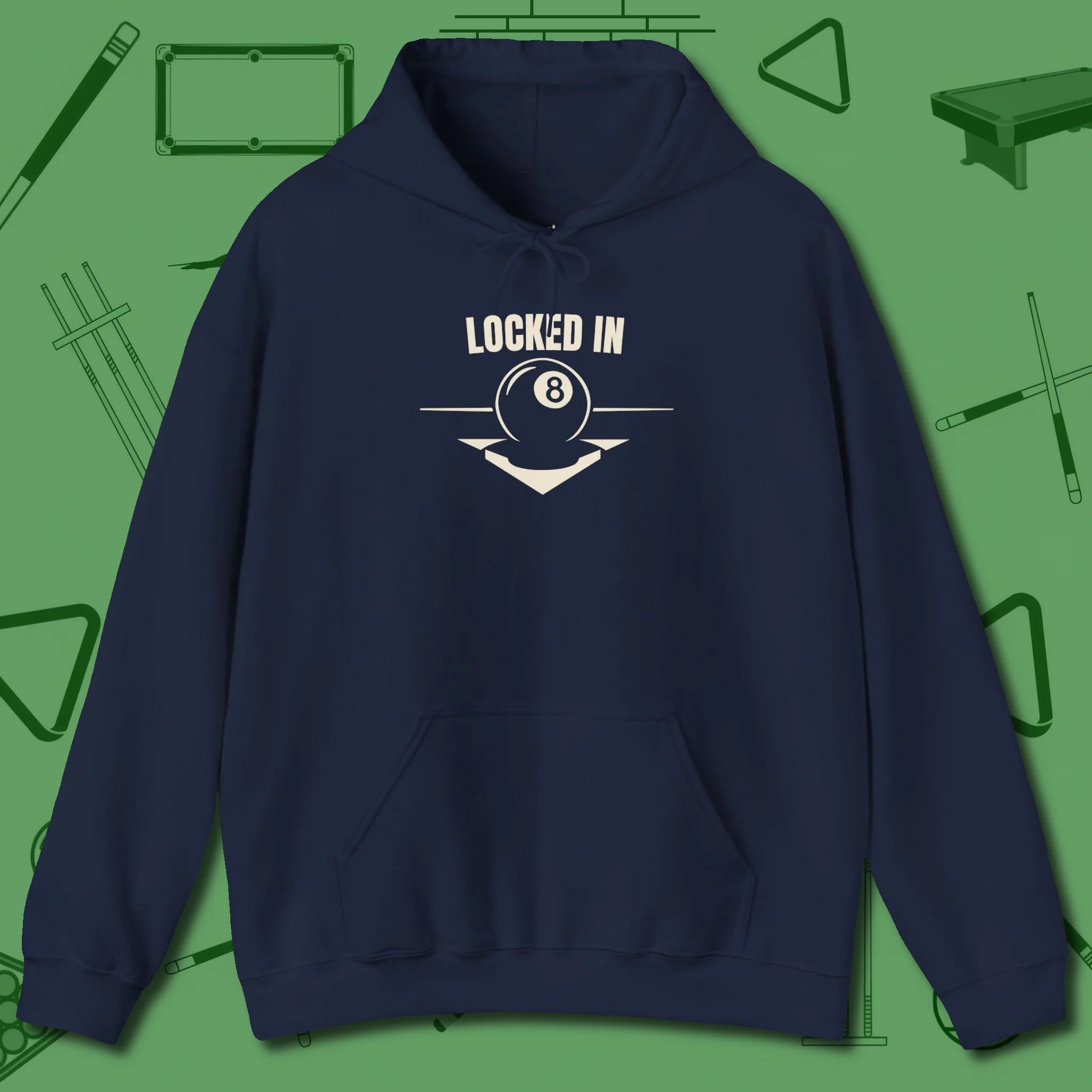 Locked In Eight Ball Hoodie, front view, in Navy earns respect before the first shot