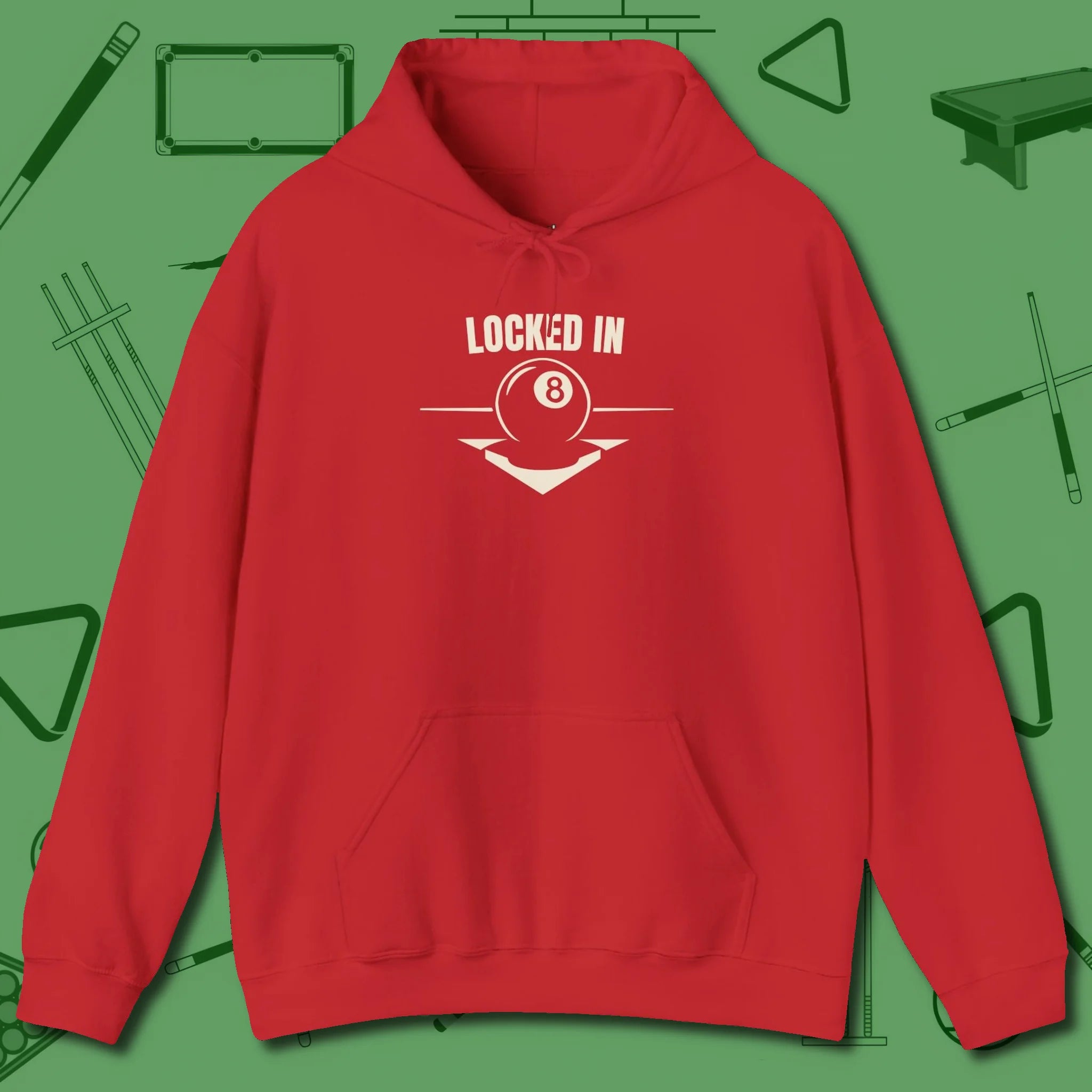 Locked In Eight Ball Hoodie, front view, in Red because you don’t just play — you represent