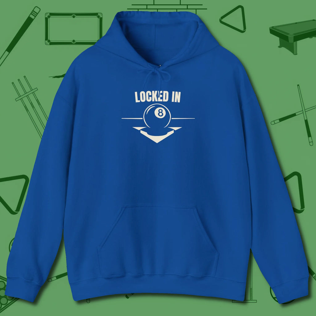 Locked In Eight Ball Hoodie, front view, in Royal for shooters who dress like they play: sharp