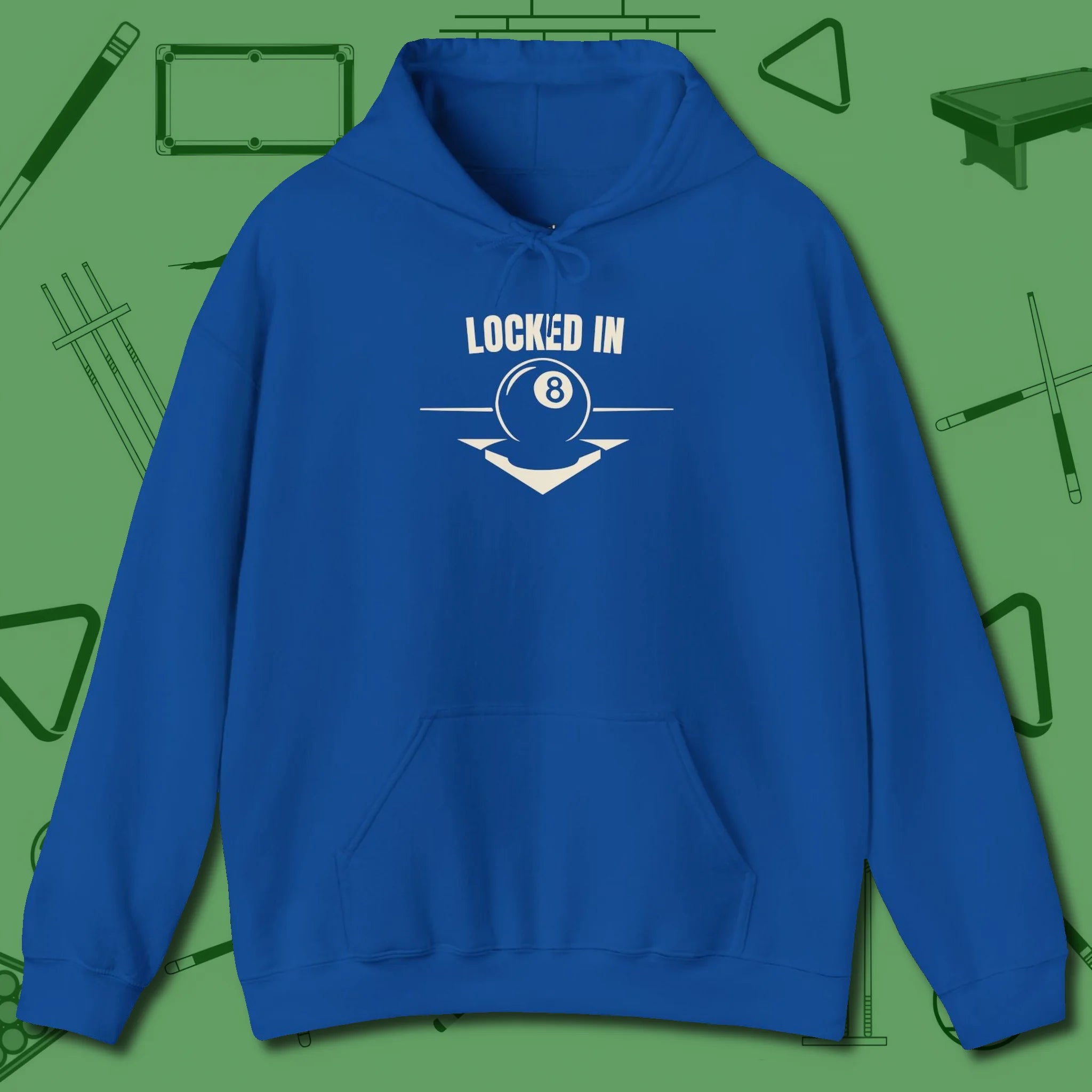 Locked In Eight Ball Hoodie, front view, in Royal for shooters who dress like they play: sharp