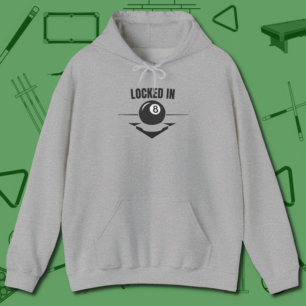 Locked In Eight Ball Hoodie, front view, in Sport Grey confidence stitched in every seam