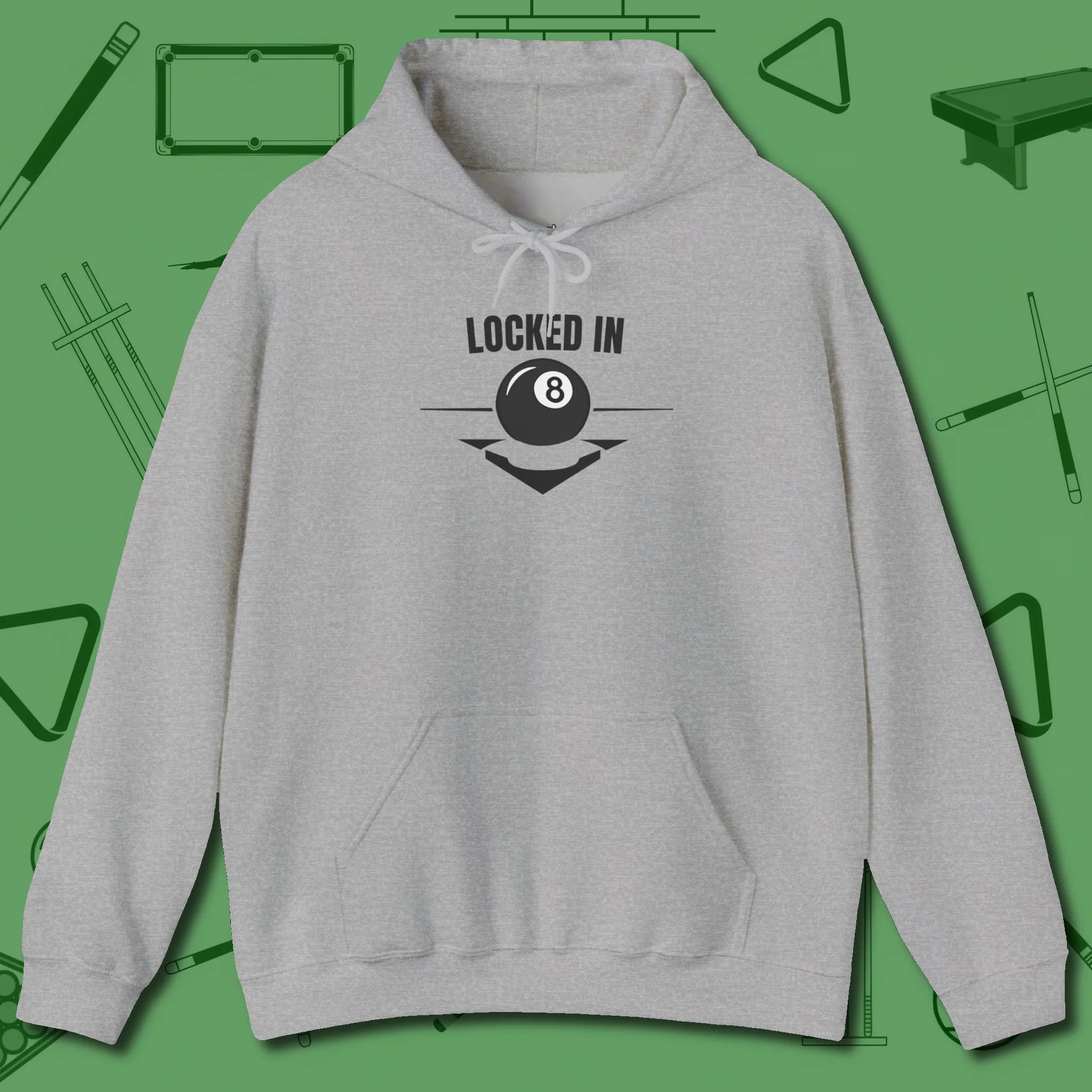 Locked In Eight Ball Hoodie, front view, in Sport Grey confidence stitched in every seam