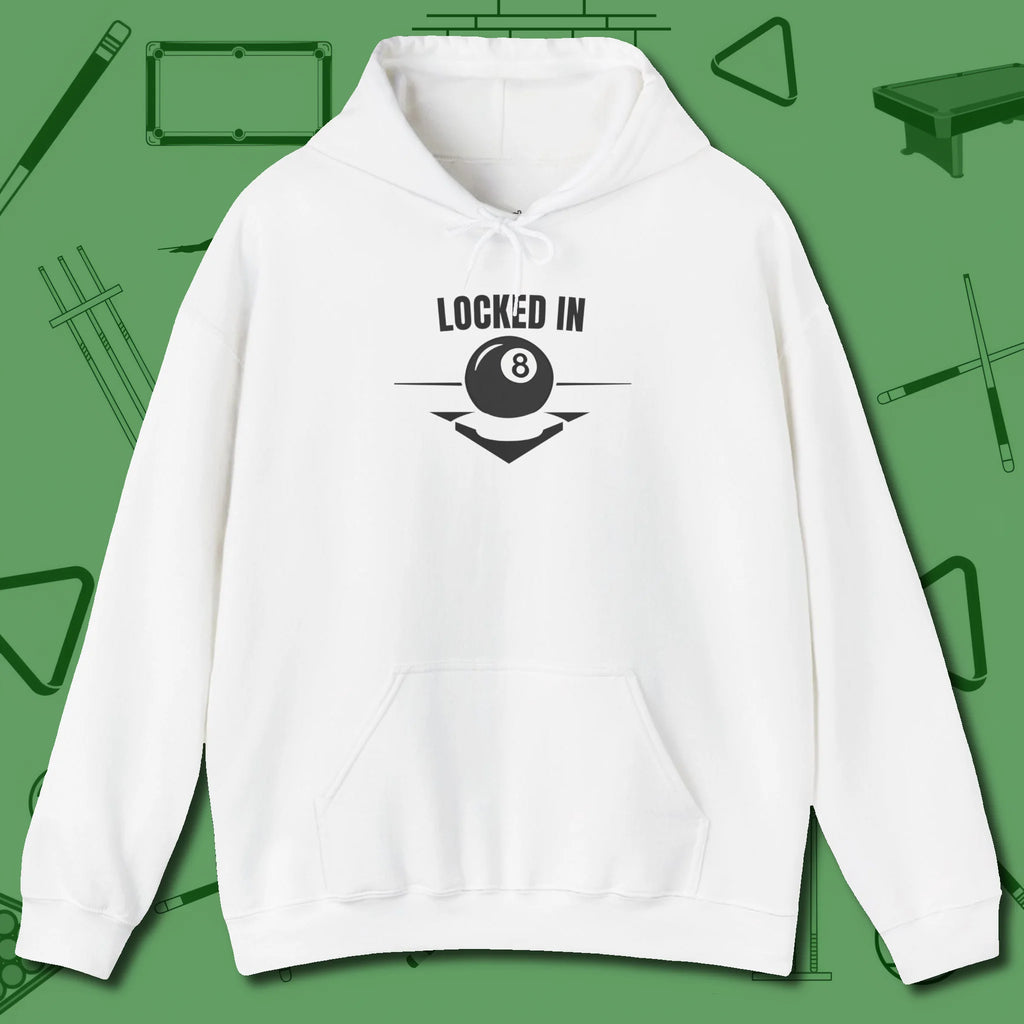 Locked In Eight Ball Hoodie, front view, in White made for pool sharks, not posers
